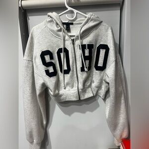 Gray Cropped Hoodie with Black Lettering